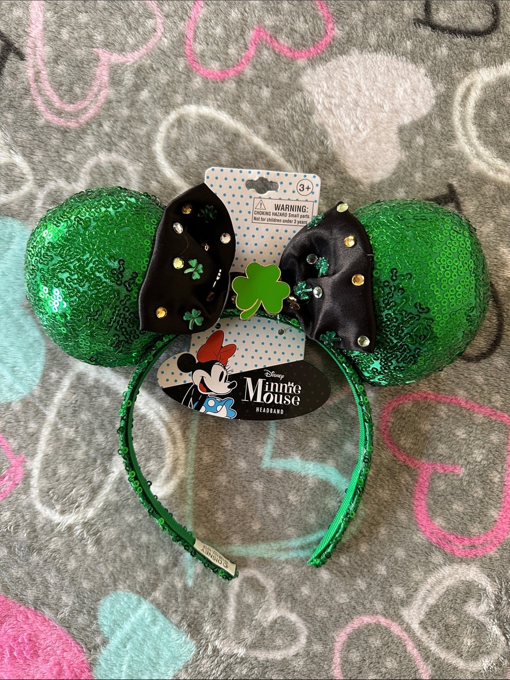 Disney Green Sequin Minnie Ear Headband with Black Bow and Shamrock